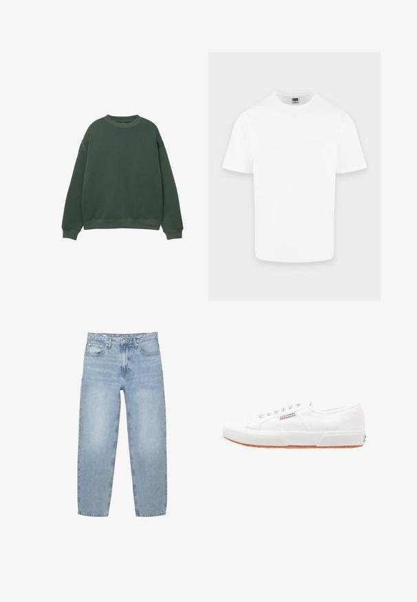 Donkergroen sweatshirt met een ronde hals, lange mouwen en geribde boorden. Gemaakt van een zachte, gestructureerde stof met een relaxte pasvorm.; Effen witte katoenen T-shirt met korte mouwen en ronde hals, weergegeven op een lichtgrijze achtergrond.; Lichtblauwe denim jeans, losse pasvorm, hoge taille, ontwerp met vijf zakken, knoop- en ritssluiting, rechte pijpen met een licht uitgerafelde zoom.; Witte canvas sneakers met een rubberen zool, vetersluiting en een klein logolabel aan de zijkant. Gewreven wit bovenwerk en een bruine zool.
