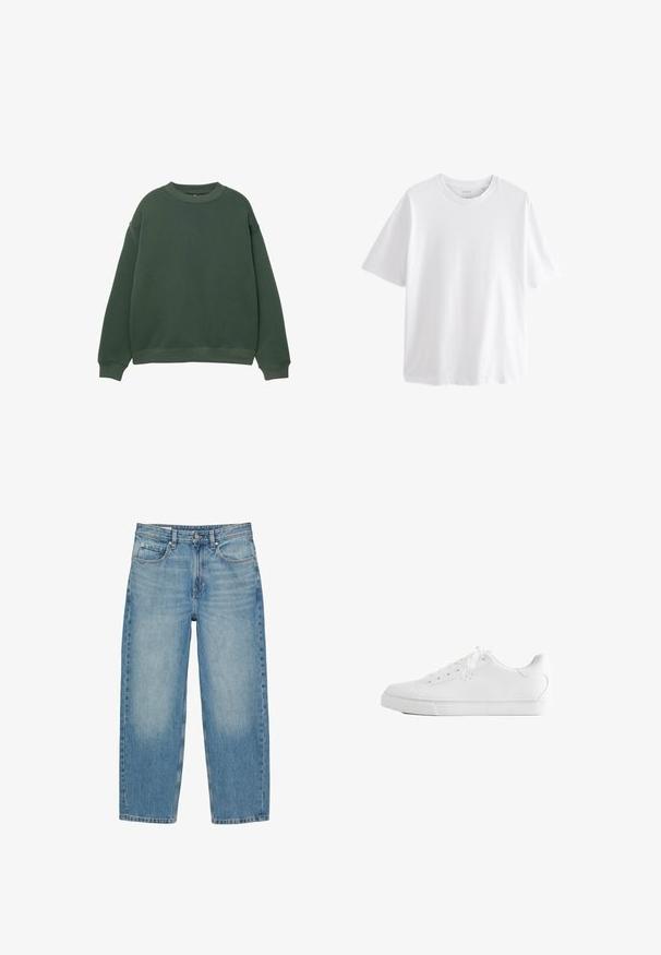 Dunkelgrüner Pullover mit Rundhalsausschnitt, langen Ärmeln und gerippten Bündchen. Hergestellt aus einem weichen, strukturierten Stoff mit einer lockeren Passform.; Schlichtes weißes T-Shirt mit kurzen Ärmeln und Rundhalsausschnitt in entspannter Passform vor weißem Hintergrund.; Blaue Jeans mit geradem Bein, Vordertaschen, Gürtelschlaufen, Knopfverschluss und dezenten ausgewaschenen Details an Oberschenkeln und Knien.; Weißer Low-Top-Sneaker mit Schnürsenkeln, glattem Lederobermaterial und flacher Gummisohle, seitlich auf weißem Hintergrund gezeigt.