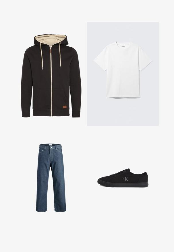 Musta tõmblukuga kapuutsiga sweatshirt beeži sisepinnaga. Omab nööriga kapuutsi, esipooke ja pruunist nahast logo sildi. Sile tekstuur.; Valge lühikeste varrukatega ümarakaelusega T-särk, laotatud sirgelt, ühevärviline disain, krae siseküljel "WEEKDAY" silt heledal taustal.; Tumedat sinised teksapüksid sirge lõikega, viie taskuga, ees nupuga ja kontrastõmblusega.; Mustad madala säärega toss, millel on eespaelad, kummist tallaosa ja hall "cK" logo küljel, vaadatuna välisküljelt.