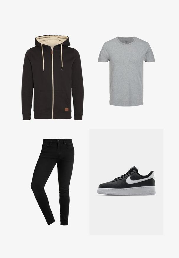 Hoodie zippé noir avec intérieur beige. Comprend une capuche à cordon, des poches avant et un patch logo en cuir marron. Texture lisse.; T-shirt gris à manches courtes en coton doux. Doté d'un col ras du cou classique et d'une coupe régulière. Design simple sans motifs ni accents.; Jeans skinny noirs en denim, présentant un design classique à cinq poches, un système de fermeture à bouton et des détails de couture minimaux.; Baskets en cuir noir avec surface texturée, swoosh Nike blanc, semelle grise, bout rond et design à lacets. Comprend des perforations sur la boîte à orteils.