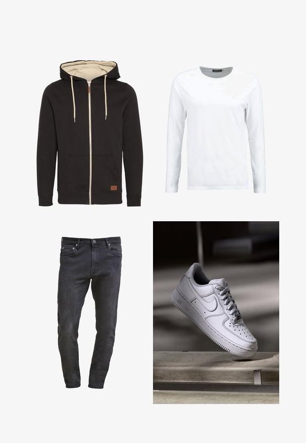 Musta tõmblukuga kapuutsiga sweatshirt beeži sisepinnaga. Omab nööriga kapuutsi, esipooke ja pruunist nahast logo sildi. Sile tekstuur.; Valge pika varrukaga t-särk, mis on valmistatud puuvillast, sellel on ümmargune krae ja sile tekstuur. Ilma mustrite ja aktsentideta. Lihtne disain.; Hästi istuvad mustad teksad viie tasku kujundusega, lukuga ja kergete hõbenägemistega. Sile tekstuur tumeda pesu viimistlusega.; Valge nahast Nike Air Force 1 tennisejalanõu, millel on perforatsiooniga varvas, lamedad paelad ja tekstureeritud kummist tallaga, millel on küljele märgitud "AIR".