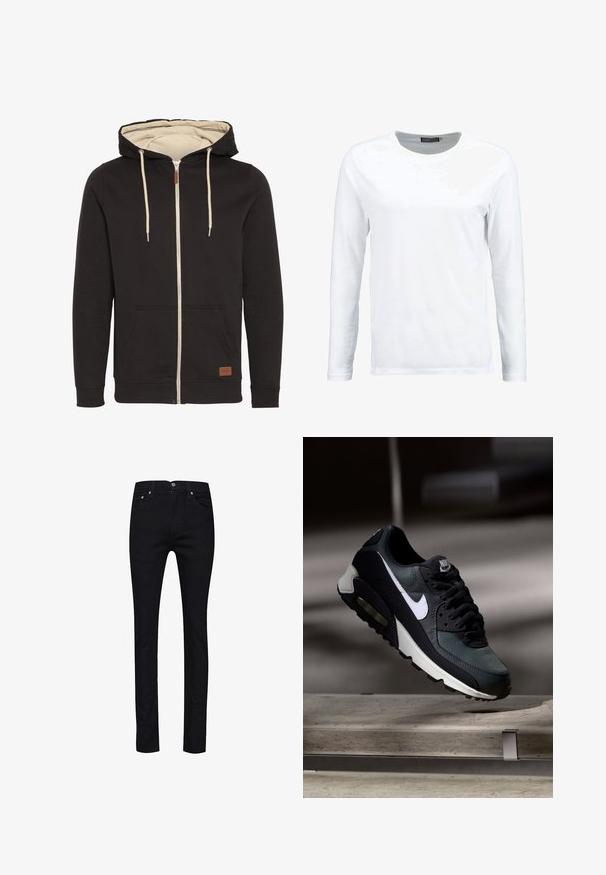 Hoodie zippé noir avec intérieur beige. Comprend une capuche à cordon, des poches avant et un patch logo en cuir marron. Texture lisse.; T-shirt blanc à manches longues en coton, avec un col rond et une texture lisse. Sans motifs ni accents. Design simple.; Jean noir en denim, avec une coupe droite, cinq poches, des boutons en métal, et une seule poche arrière avec un détail de couture.; Baskets Nike Air Max noires et grises avec un logo blanc, suspendues au-dessus d'une surface en béton sur un fond sombre flou.