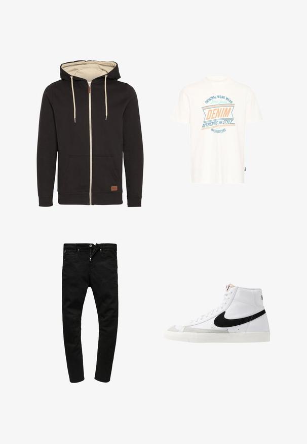 Zwarte zip-up hoodie met beige binnenkant. Voorzien van een trekkoordcapuchon, voorzakken en een bruine leren logopatch. Glad textuur.; Witte katoenen t-shirt met een grafische print in blauw en perzik, waarop staat "DENIM AUTHENTIC IN STYLE," met een ronde halslijn en korte mouwen.; Zwarte denim jeans met een slim fit, voorzien van een ritsgulp, vijf zakken en een subtiele textuurafwerking. Verstevigde stiksels op de knieën.; Witte hoge sneakers met een zwarte swoosh, textuur grijze neus en een vlakke witte zool. Kenmerkt zes veteropeningen en gestikte accenten.