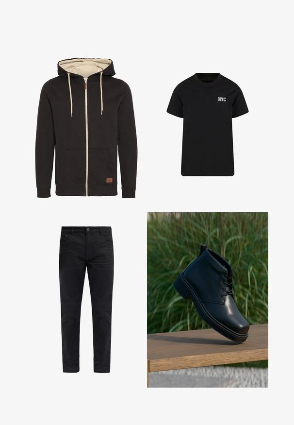 Zwarte zip-up hoodie met beige binnenkant. Voorzien van een trekkoordcapuchon, voorzakken en een bruine leren logopatch. Glad textuur.; Zwarte katoenen t-shirt met een ronde hals en korte mouwen. Heeft witte "NYC" tekst op de linker borst. Eenvoudig, casual ontwerp.; Zwarte spijkerbroek met een slim fit, voorzien van een rits, zijzakken en een soepele textuur. Klassiek ontwerp, geschikt voor verschillende gelegenheden.; Zwarte leren enkellaars met een gladde afwerking, ronde neus en contrasterende brown hak. Veters en stikseldetails zijn zichtbaar.