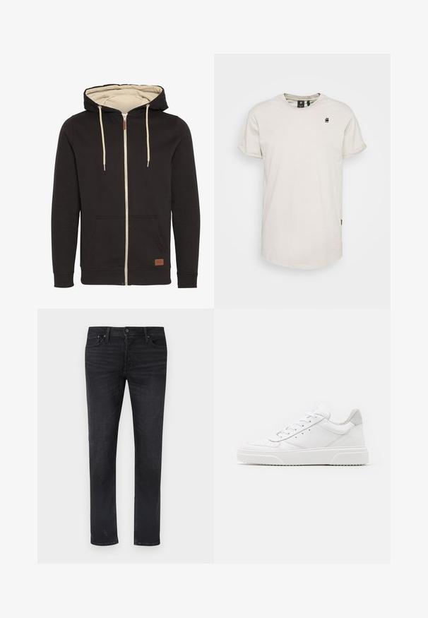 Hoodie zippé noir avec intérieur beige. Comprend une capuche à cordon, des poches avant et un patch logo en cuir marron. Texture lisse.; T-shirt en coton beige à manches courtes et col rond, avec un petit logo noir sur la poitrine et une étiquette sur le côté près de l'ourlet.; Jean en denim noir avec une coupe droite, doté de cinq poches, d'une taille mi-haute et de légers détails d'effet délavé.; Des baskets en cuir blanc avec une finition lisse, un bout rond, des lacets plats et une semelle texturée. Accents en daim gris au niveau du talon.