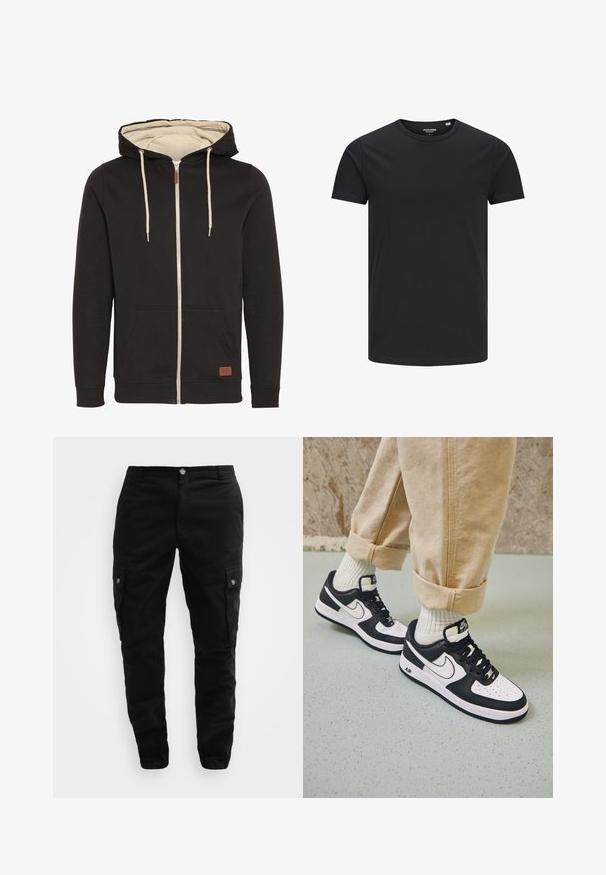 Musta tõmblukuga kapuutsiga sweatshirt beeži sisepinnaga. Omab nööriga kapuutsi, esipooke ja pruunist nahast logo sildi. Sile tekstuur.; Must must tarea mustava ümberkaudne, lühikeste varrukatega ja lihtsa disainiga. Sile tekstuur, ilma mustriteta või nähtavate metallosadeta.; Mustad must kaherid, mis on valmistatud vastupidavast kangast, küljetaskutega, nööbiga ja kitsast lõikest. Sile tekstuur minimaalse detailidega.; Mustvalge Nike Air Force 1 tossud nahast pealsega, perforeeritud varbaga ja tekstuurse tallaga, kantud kergete beige pükstega, mille alumine serv on üles keeratud, ja valgete sokkidega.