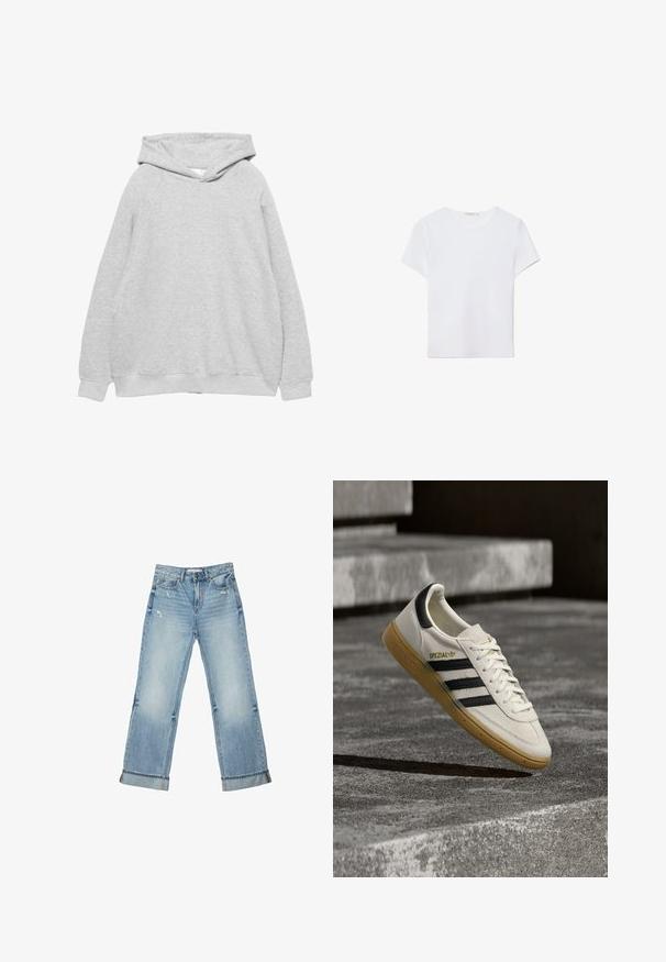 Lys grå hættetrøje med en blød tekstur, raglanærmer og ribbede manchetter og kant. Enkelts design, uden synlige grafik eller mønstre.; Hvid kortærmet t-shirt lavet af blødt stof. Har en rund halsudskæring og et simpelt, rent design med en lige underkant.; Lyseblå cowboybukser med vide ben, opkrogede kanter og let slid foran ved lommerne og lårene.; Hvid Adidas Spezial sneaker med sorte striber og gummisål, svævende over grå stentrin udendørs.