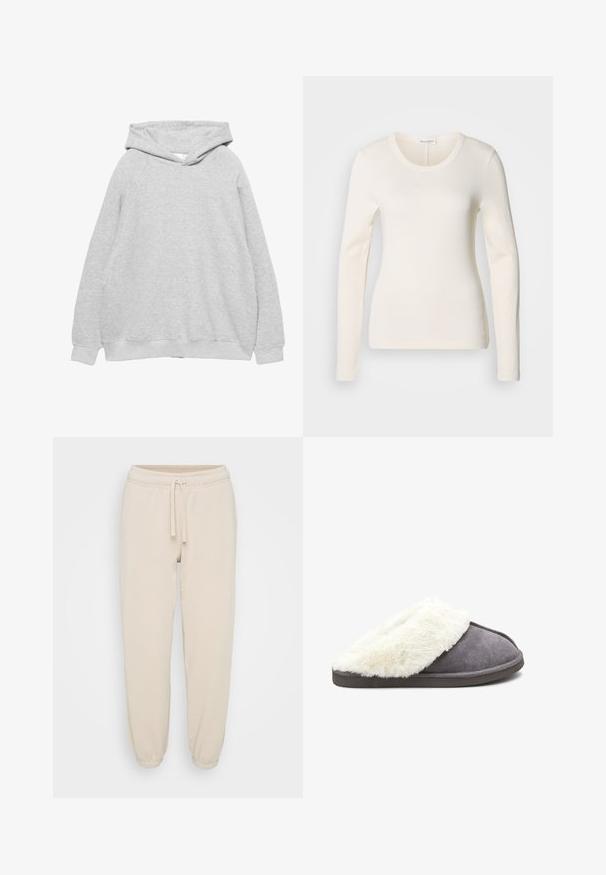 Sweatshirt à capuche gris clair avec une texture douce, des manches raglan et des bords côtelés au niveau des poignets et de l'ourlet. Design simple, sans graphiques ni motifs visibles.; Haut à manches longues de couleur crème fabriqué en matériau doux. Présente un col rond et une silhouette ajustée, avec des détails de couture minimalistes.; Pantalons de jogging en coton beige avec taille élastique, cordon de serrage et poignets élastiques, présentés sur un fond blanc uni.; Chausson en suède gris avec un col en fausse fourrure blanche, forme arrondie, semelle plate et texture lisse. Comprend une couture et aucun élément métallique visible.