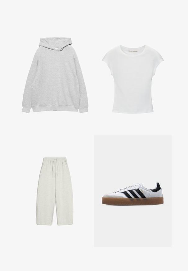 Sweatshirt à capuche gris clair avec une texture douce, des manches raglan et des bords côtelés au niveau des poignets et de l'ourlet. Design simple, sans graphiques ni motifs visibles.; T-shirt en coton blanc avec manches courtes retroussées, encolure ronde et ourlet droit. Texture lisse sans motifs ni accents visibles.; Pantalon de survêtement gris clair, à taille large, confectionné dans un mélange de coton doux, avec une ceinture élastique munie d'un cordon ajustable et des poches latérales.; Baskets en cuir blanc avec des rayures noires, semelle extérieure en caoutchouc beige, bout rond, fermeture lacée et embout en suède gris doux.