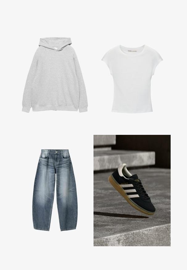 Sweatshirt à capuche gris clair avec une texture douce, des manches raglan et des bords côtelés au niveau des poignets et de l'ourlet. Design simple, sans graphiques ni motifs visibles.; T-shirt en coton blanc avec manches courtes retroussées, encolure ronde et ourlet droit. Texture lisse sans motifs ni accents visibles.; Jean large en denim bleu clair avec décoloration, présentant un design à cinq poches, un bouton de fermeture et des détails de couture minimaux.; Baskets en daim noir avec des rayures blanches et un logo doré, dotées d'une semelle en caoutchouc gomme texturée et d'un languette de talon crème contrastante.