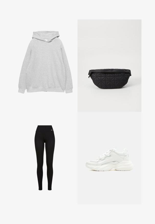 Sweatshirt à capuche gris clair avec une texture douce, des manches raglan et des bords côtelés au niveau des poignets et de l'ourlet. Design simple, sans graphiques ni motifs visibles.; Leggings Noirs avec une taille haute, tissu extensible, texture lisse et un design ajusté, adaptées pour un usage décontracté ou sportif.; Baskets blanches épaisses avec semelle épaisse, fermeture à lacets sur le devant et cuir synthétique lisse avec des détails subtils de couture.; Sac noir matelassé avec une texture douce et rembourrée, un motif en diamant angulaire, une silhouette arrondie et une fermeture éclair.