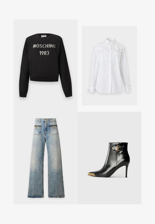Μαύρο φούτερ Moschino με ριμπ μανσέτες και τελείωμα, με άσπρο κείμενο "MOSCHINO 1983" σε στυλ στένσιλ στο μπροστινό μέρος.; Λευκό πουκάμισο με μακριά μανίκια, γιακά και δύο τσέπες στο στήθος, κάθε μία με διακοσμητικό φιόγκο κοντά στο πάνω μέρος.; Φαρδιά τζιν σε ανοιχτό μπλε χρώμα με ψηλό καβάλο, δύο μπροστινές τσέπες με καπάκι και κουμπιά, και θηλιές για ζώνη.; Μαύρο μποτάκι αστραγάλου από λαμπερό δέρμα, με μυτερή μύτη, τακούνι στιλέτο και χρυσούς μεταλλικούς εξαρτήματς με διακοσμητική αγκράφα.