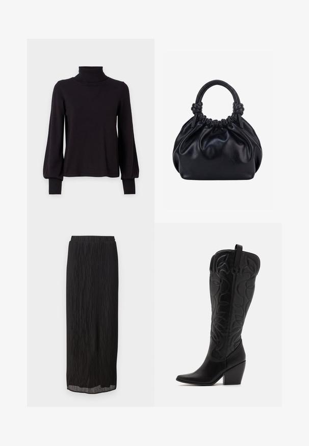 VILA VIAMANDA TURTLE NECK - Πουλόβερ - black; Μαύρη πλισέ μίντι φούστα με ελαστική μέση και ίσια γραμμή. Ο ύφασμα διαθέτει κατακόρυφες ρίγες για επιπλέον υφή.; Μαύρες δερμάτινες μπότες μέχρι το γόνατο με μυτερή μύτη και στρωμένο τακούνι. Διαθέτουν διακοσμητικές ραφές και κυρτά σχεδιαστικά στοιχεία.; Μαύρη μαλακή δερμάτινη τσάντα χειρός με πλεκτό πάνω μέρος και δύο χοντρές λαβές δεμένες κόμπους σε απλό ανοιχτό φόντο.
