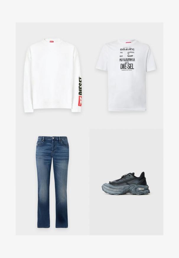 Sweat-shirt blanc à col rond, avec un logo "DIESEL" rouge et noir sur la manche gauche. Confectionné en tissu doux et lisse.; T-shirt en coton blanc avec une typographie noire audacieuse affichant les mots "BRAVES" et "DIE-SEL INDUSTRY" ainsi qu'un design découpé semi-transparent.; Jeans en denim bleu foncé avec une coupe droite, dotés de poches avant, d'un léger délavage et d'une fermeture à bouton classique à la taille.; Baskets Diesel noires et grises avec semelle épaisse, système de laçage à bascule et design texturé sur fond gris clair uni.