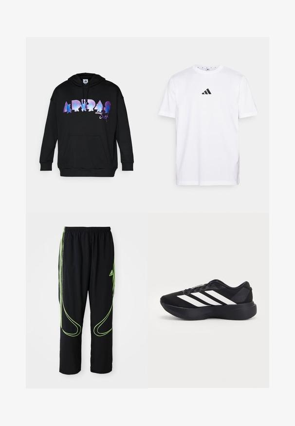 Čierna mikina s kapucňou so širokým, farebným gradientom loga "ADIDAS" dizajnovaným Jeremy Scottom, klokanie vrecko a kapucňa na šnúrku.; Biela bavlnená tričko s malým čiernym trojuholníkovým logom na hrudi, krátkymi rukávmi a okrúhlym výstrihom. Jednoduchý a klasický dizajn.; Čierne atletické nohavice Adidas s neonovo zelenými zakrivenými líniami a tromi pruhmi po stranách, elastickým pásom a logom Adidas na prednom stehne.; Čierny bežecký topánka s hrubou podrážkou a tromi bielymi diagonálnymi pásmi na boku, zobrazená z vonkajšej strany.