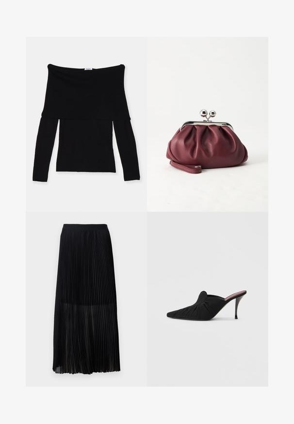 Čierny off-shoulder top s dlhým rukávom vyrobený z jemnej látky. Má priliehajúci korzet a široký výstrih. Jednoduchý, bezšvový dizajn.; Čierna plisovaná midi sukňa s hladkým, elastickým pásom a priesvitnou vrstvou, ktorá má jemné vertikálne plisovanie po celej textílii.; Čierna vysoká dámska obuv s otvorenou pätou, so špicatou špičkou, z jemnej tkaniny s naberanou textúrou na prednej časti a úzkym ihličkovým podpätkom.; Malá bordová kožená kabelka so strieborným kovovým zapínaním a remienkom na zápästie na bielom pozadí.