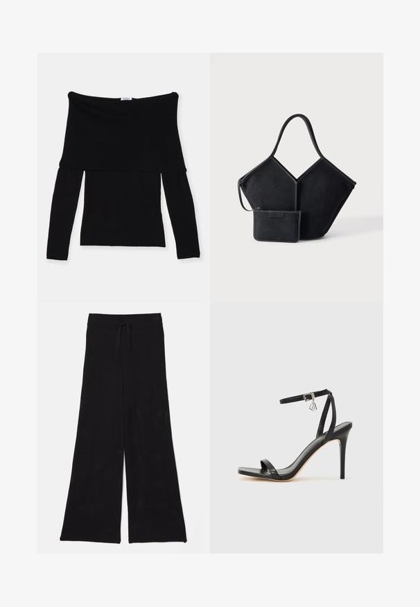 Haut noir à épaules dénudées et manches longues en tissu doux. Présente un corps ajusté et un large décolleté. Design simple et sans couture.; Pantalons larges noirs en tissu en maille avec une taille à cordon de serrage. La texture est respirante et légère, idéale pour un usage décontracté.; Sandale à talon haut noire avec une bride étroite à la cheville, bout carré, cuir lisse et accent de boucle métallique.; Sac cabas géométrique noir avec une large anse unique et une petite pochette zippée assortie attachée, sur un fond clair uni.