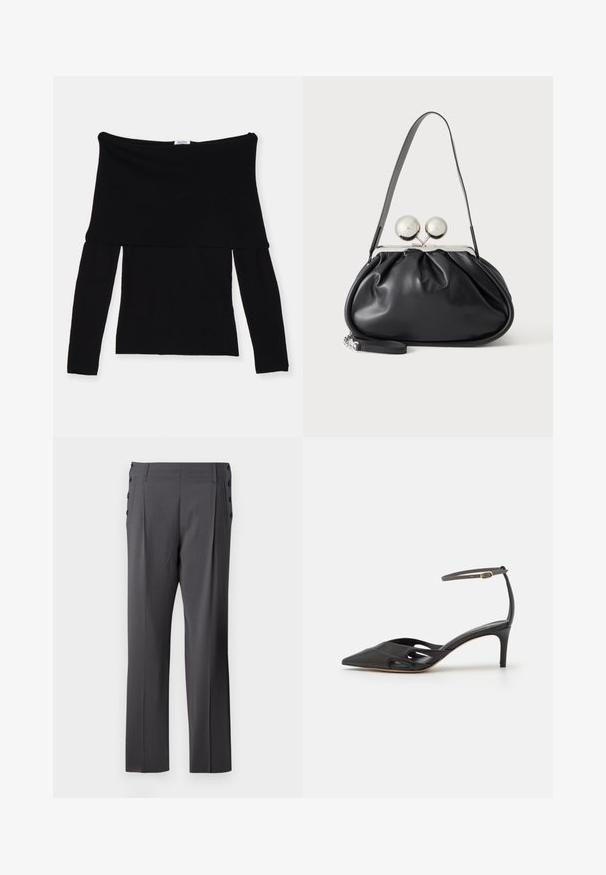 Čierny off-shoulder top s dlhým rukávom vyrobený z jemnej látky. Má priliehajúci korzet a široký výstrih. Jednoduchý, bezšvový dizajn.; Šedé nadmerne nohavice s rovnou nohou, prednými skladmi a dekoračnými bočnými knoflíkmi pre prípadné detaily. Hladká textúra látky.; Čierna kožená topánka na vysokom opätku s špicatou špičkou, otvorenými stranami a tenkým remienkom okolo členka so zlatým kovovým detailom.; Čierna kožená kabelka so zhlukovým dizajnom, jedným popruhom, strieborným kovovým rámom a dvoma veľkými okrúhlymi striebornými zapínaniami.