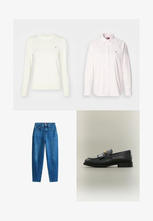 Pull crème clair, texture tricotée, col rond, manches longues, poignets et ourlet côtelés. Détail logo discret sur la poitrine.; Chemise boutonnée à manches longues de couleur rose pâle en coton, avec un col classique et un petit logo de la marque sur la poitrine gauche.; Jeans en denim bleu avec une coupe droite, cinq poches, une fermeture à bouton et zip, et légère décoloration pour une variation de texture.; Mocassin en cuir noir avec détail de franges et emblème doré sur un fond neutre, vu de profil.
