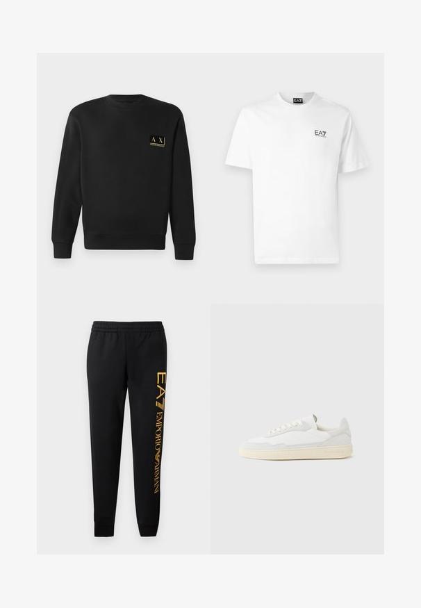 Schwarzer Langarm-Crewneck-Pullover mit kleinem beigen Armani Exchange-Logo auf der linken Brust.; Weißes Baumwoll-T-Shirt mit Rundhals, kurzen Ärmeln und schwarzem EA7-Logo auf der linken Brust. Glatte, einfarbige Textur.; Schwarze Jogginghose mit elastischem Bund und gerippten Säumen. Mit einem vertikalen goldenen Logodruck auf dem linken Bein. Aus weichem Stoff gefertigt.; Weißer Sneaker mit strukturiertem Obermaterial aus Wildleder und Leder. Verfügt über eine runde Zehenpartie, Schnürverschluss und eine kontrastierende beige Gummisohle.