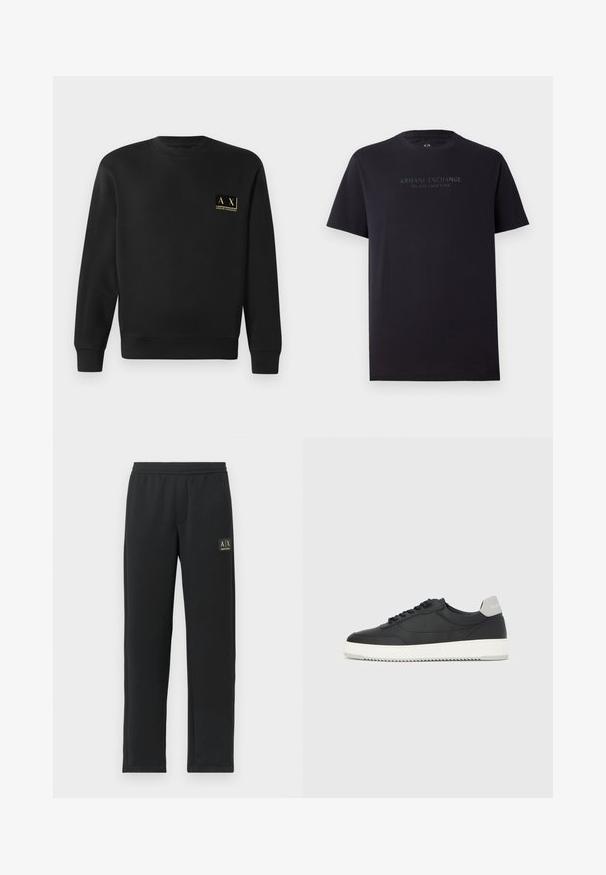 Schwarzer Langarm-Crewneck-Pullover mit kleinem beigen Armani Exchange-Logo auf der linken Brust.; Schwarzes Baumwoll-T-Shirt mit kurzen Ärmeln, Rundhalsausschnitt und einem leicht lockeren Schnitt. Mit der Aufschrift "ARMANI EXCHANGE MILANO / NEW YORK" in dunkelgrauer Schrift.; Schwarze Sweatpants mit geradem Bein, elastischem Bund und schwarzem Patch-Logo auf dem oberen linken Oberschenkel.; Schwarzer Low-Top-Sneaker mit weißer Sohle und grauem Fersenlaschen, Seitenansicht vor einem weißen Hintergrund.