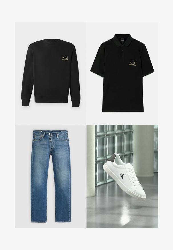 Schwarzer Langarm-Crewneck-Pullover mit kleinem beigen Armani Exchange-Logo auf der linken Brust.; Schwarzes Polohemd aus Baumwolle, mit einer Knopfleiste mit drei Knöpfen und einem goldenen, gestickten Logo auf der linken Brust. Kurzarm, klassische Passform.; Jeans aus Denim in Hellblau mit geradem Schnitt, ausgestattet mit fünf Taschen, Metallknopfverschluss und kontrastierenden gelben Nähten.; Weißer Sneaker mit schwarzem Fersenlasche und „ck“-Logo, geschnürt, schwebend über glänzendem grauem Boden mit Glasblockwand und Säulen im Hintergrund gezeigt.