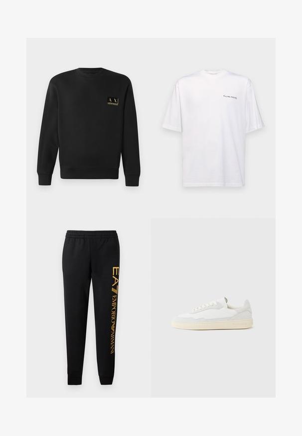 Zwarte sweatshirt met lange mouwen en ronde hals, met klein beige Armani Exchange-logo op de linkerborst.; Witte katoenen T-shirt met korte mouwen en een V-hals, voorzien van een zwart "FILLING PIECES" logo dat aan de linkerkant is gedrukt.; Zwarte sweatpants met elastische tailleband en aangesloten boorden. Heeft een verticale gouden logoprint op het linkerpant. Gemaakt van zachte stof.; Witte sneaker met een bovenwerk van gestructureerd suède en leer. Voorzien van een afgeronde neus, vetersluiting en een contrasterende beige rubberen zool.