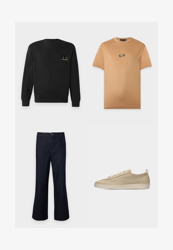 Mustmust pikkade varrukatega crewneck särk mustas värvitoonis, mille vasakul rinnal on väike beež Armani Exchange logo.; Helepruun lühikeste varrukatega T-särk väikese musta ja kullaga logoga, mis asub rinnal keskel, lihtsa heleda tausta ees.; Tumedat sinised teksapüksid, millel on nööbiga vöökoht, viis taskut ja klassikaline lõige. Kangas on sileda tekstuuriga.; Beež madala säärega vabaajajalanõu kangast ja seemisnahast pealisega, valgete paeltega, kummikummist tald ja kontsapaelaga, kujutatud valgel taustal küljelt vaates.