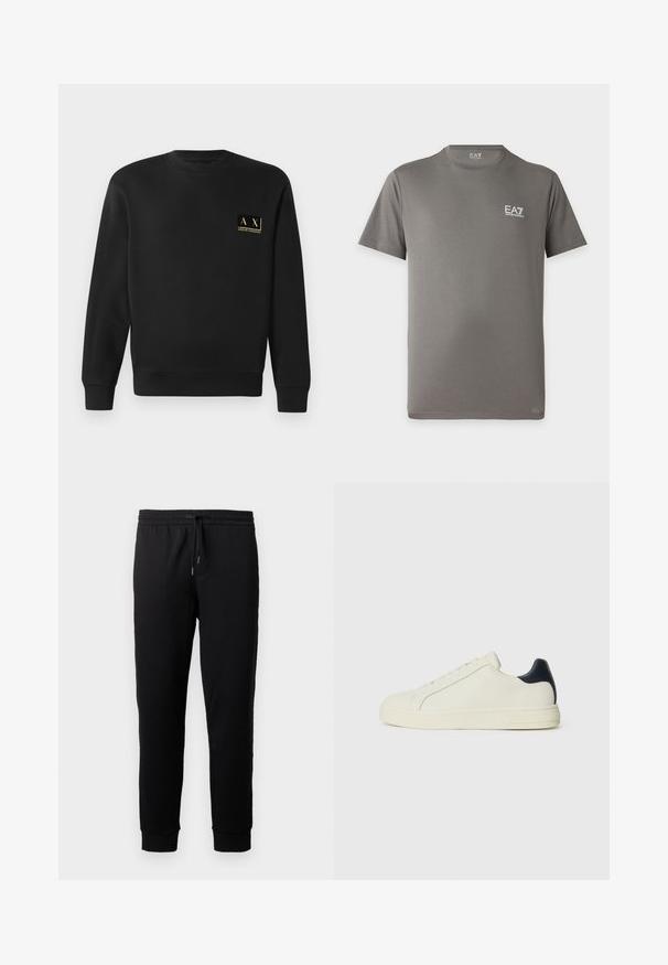 Schwarzer Langarm-Crewneck-Pullover mit kleinem beigen Armani Exchange-Logo auf der linken Brust.; Kurzärmeliges graues T-Shirt mit Rundhalsausschnitt und weißem EA7 Emporio Armani-Logo auf der linken Brust und innen am Kragen.; Schwarze Jogginghosen aus weichem Stoff mit einem elastischen Bund und Kordelzug. Mit schmal zulaufenden Beinen und gerippten Bündchen.; Weiße Leder-Sneaker mit einem marineblauen Lederakzent an der Ferse, runder Zehenpartie, flacher Gummisohle und Schnürung mit sechs Ösen.