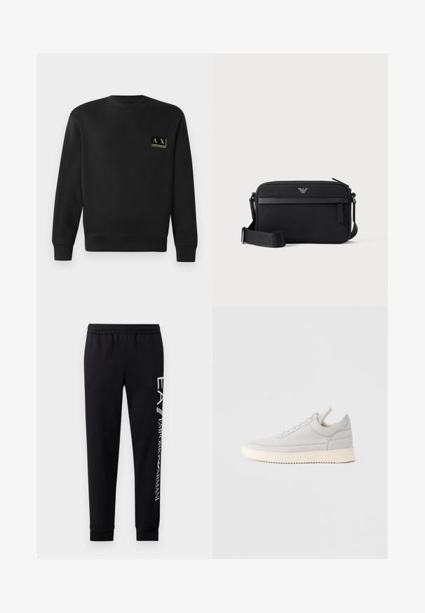 Schwarzer Langarm-Crewneck-Pullover mit kleinem beigen Armani Exchange-Logo auf der linken Brust.; Schwarze Sweatpants aus Baumwollmischung mit elastischem Taillenbund, schmal zulaufenden Beinen, gerippten Bündchen und weißem Logo-Druck entlang der Seite.; Hellgrauer Ledersneaker mit strukturierten Seiten, Schnürung vorne und cremefarbener Gummisohle. Verfügt über eine glatte Zehenkappe und minimalistische Designdetails.; Schwarze rechteckige Umhängetasche mit vorderer Reißverschlusstasche, verstellbarem Schultergurt und kleinem Metalllogo oben in der Mitte.