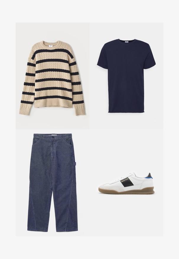 Beige strikket sweater med mørk navy horisontale striber, med en struktureret mønster og ribbede manchetter. Rund halsudskæring og afslappet pasform.; Marineblå kortærmet t-shirt lavet af blødt stof. Har rund halsudskæring og en lige pasform uden mønstre eller accenter.; WOOD WOOD WWWILSON TWISTED SEAM TROUSERS - Bukser - envy green; Hvid sneakers med sorte og blå detaljer, overdel i ruskind og læder, rund tå, flad gummisål og guld brandingdetalje på siden.