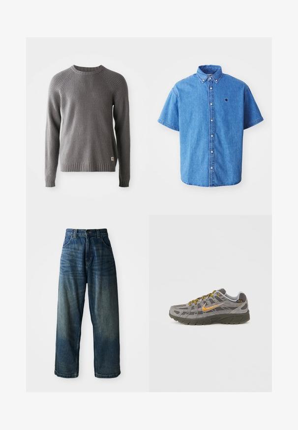 Pull en tricot côtelé gris avec des manches longues et un col rond. Présente une surface texturée et une petite étiquette de logo à l'ourlet.; Chemise en denim à manches courtes de couleur bleu clair avec un col boutonné, comportant un logo sur la poitrine et des détails de couture visibles.; Jean en denim bleu taille large avec une finition délavée. Comprend cinq poches, une fermeture à bouton et des coutures contrastées. Tissu de poids lourd.; Baskets en daim gris avec accents dorés, panneaux texturés et lacets assortis. Comprend une semelle coussinée et un détail de logo sur le côté.