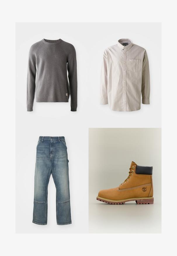 Suéter de punto acanalado gris con mangas largas y cuello redondo. Presenta una superficie texturizada y una pequeña etiqueta con el logotipo en el dobladillo.; Camisa de botones de color beige claro con rayas verticales blancas, de mangas largas y con un bolsillo en el pecho; hecha de algodón con una textura suave.; Vaqueros de mezclilla de color azul claro con un corte relajado. Presentan piernas anchas, grandes bolsillos frontales y detalles de costura en contraste.; Bota de tobillo de cuero marrón con cuello negro, cordones amarillos y suela beige. Presenta un logotipo y detalles de costura blanca. Suela exterior con tracción robusta.