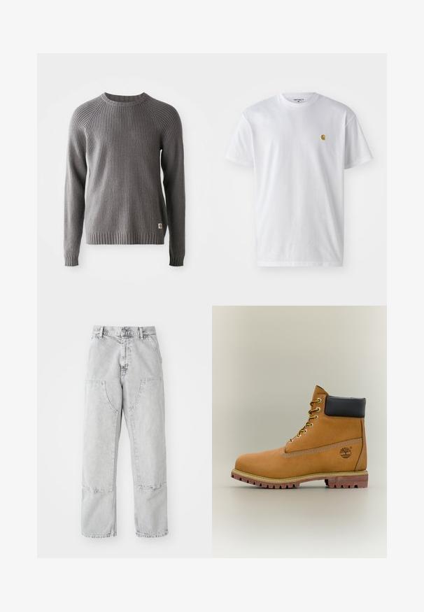 Grå ribbestrikket sweater med lange ærmer og rund halsudskæring. Har en tekstureret overflade og et lille logo mærke på kanten.; Hvid bomulds t-shirt med korte ærmer, rund hals og et lille guld logo på venstre brystområde. Blød tekstur og almindelig pasform.; Lys grå denim bukser med en løs pasform, der har store sidelommer, synlige sømme og et lige ben design. Bæltestropper i taljen.; Brun læderankelstøvle med sort krave, gule snørebånd og tanfarvet sål. Har logo og hvide syninger som detalje. Robust ydersål med greb.