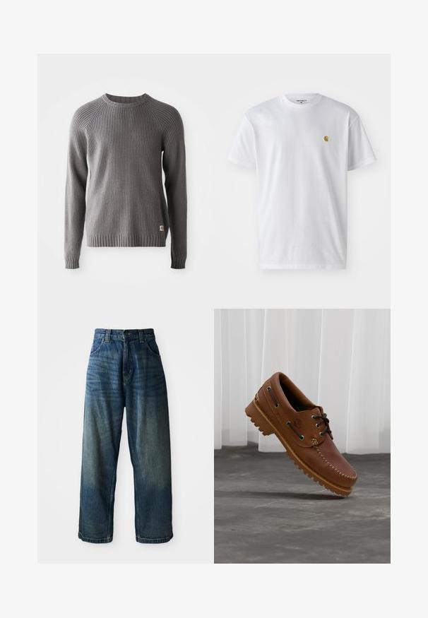 Grå ribbestrikket sweater med lange ærmer og rund halsudskæring. Har en tekstureret overflade og et lille logo mærke på kanten.; Hvid bomulds t-shirt med korte ærmer, rund hals og et lille guld logo på venstre brystområde. Blød tekstur og almindelig pasform.; Bredde ben blå denimjeans med en falmet finish. Har fem lommer, knaplukning og kontrasterende syninger. Tyk stof.; Brun læder bådsko med sorte snørebånd, beige syninger og en robust sål, hængende over en grå betongulv.