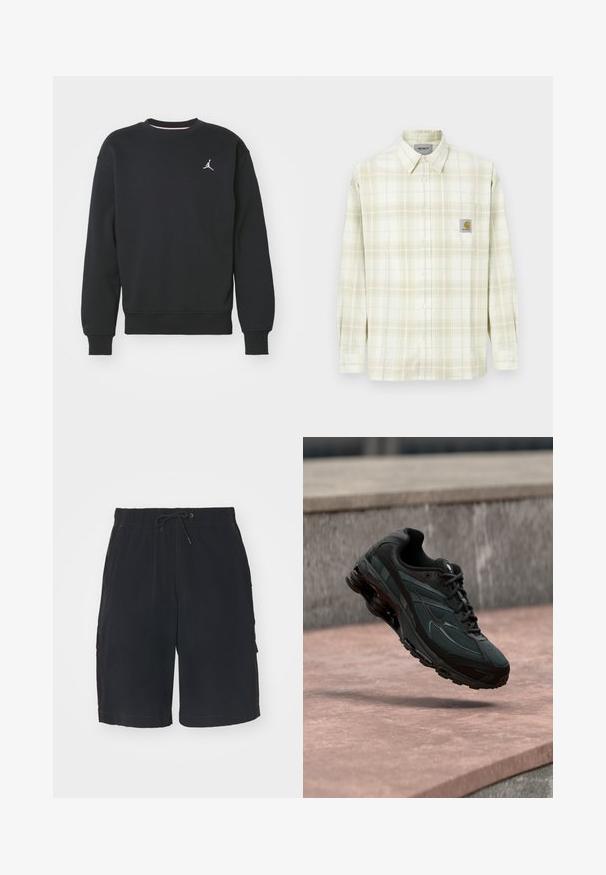Zwarte sweatshirt gemaakt van een katoenmix, voorzien van een ronde hals, geribde manchetten en het Jordan-logo geborduurd op de borst.; Lichtgekleurde geruite blouse met lange mouwen, knoopsluiting aan de voorkant en een borstzak met een logo-patch. Katoenen materiaal met een zachte textuur.; Zwarte cargoshorts met een elastische tailleband, koord, zijzakken en contrasterende stiksels. Gemaakt van lichtgewicht stof.; Zwarte atletische sneaker met zichtbare luchtgeveerde tussenzool die boven een roze stenen oppervlak zweeft met een grijze stenen muur op de achtergrond.