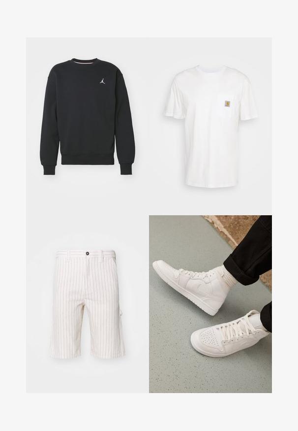 Zwarte sweatshirt gemaakt van een katoenmix, voorzien van een ronde hals, geribde manchetten en het Jordan-logo geborduurd op de borst.; Witte katoenen t-shirt met korte mouwen, een borstzak en een klein vierkant logo-opdruk in oranje en wit op de zak.; Witte cargoshorts met rode verticale strepen, gemaakt van een lichtgewicht stof. Voorzien van een knoopsluiting en zijzakken.; Witte hoge sneakers van glad leer met een geperforeerde teen, vetersluiting en subtiele logo-details aan de zijkant. Geprofileerde rubberen zool.