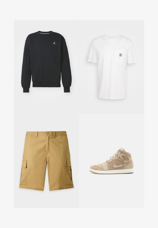 Schwarzes Sweatshirt aus Baumwollmischung, mit Rundhalsausschnitt, gerippten Bündchen und dem auf der Brust gestickten Jordan-Logo.; Weißes Baumwoll-T-Shirt mit kurzen Ärmeln, einer Brusttasche und einem kleinen quadratischen Logopatch in Orange und Weiß auf der Tasche.; Khakifarbene Cargo-Shorts mit Knopf vorne, Gürtelschlaufen, seitlichen Klappentaschen und dezentem Markenlogo auf der rechten Beintasche.; Beiger Nike High-Top-Sneaker mit Velourslederstruktur, Nike-Swoosh, geflügeltem Logo und weißer Gummisohle auf einfachem hellem Hintergrund.