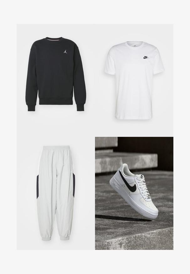 Schwarzes Sweatshirt aus Baumwollmischung, mit Rundhalsausschnitt, gerippten Bündchen und dem auf der Brust gestickten Jordan-Logo.; Weißes Baumwoll-T-Shirt mit Rundhalsausschnitt, kurzen Ärmeln und einem schwarzen Nike-Logo auf der linken Brust. Einfaches, einfarbiges Design.; Hellgraue Jogginghose aus leichtem Stoff, mit elastischem Bund und Bündchen, sowie kontrastierenden schwarzen und weißen Seiteneinsätzen.; Weißer Nike Air Force 1 Sneaker mit schwarzem Swoosh, geschnürten Schnürsenkeln, schwebend in der Luft über einer strukturierten Betonoberfläche im Freien.