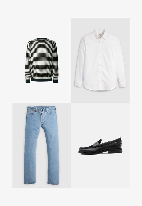 Suéter de manga larga a rayas en color crema y azul marino, con cuello redondo, que presenta líneas horizontales, puños y dobladillo acanalados, y una textura suave.; Camisa blanca de algodón con botones, de manga larga, cuello con solapa y dobladillo curvado. Presenta botones amarillos y una marca sutil.; Jeans de mezclilla azul claro de pierna recta con cierre de botones, presillas para cinturón y bolsillos delanteros y traseros, mostrados sobre un fondo blanco.; Mocasín de cuero negro con detalle de tira gris, tacón bajo y suela texturizada, con la marca "HUGO" en oro en el lateral.