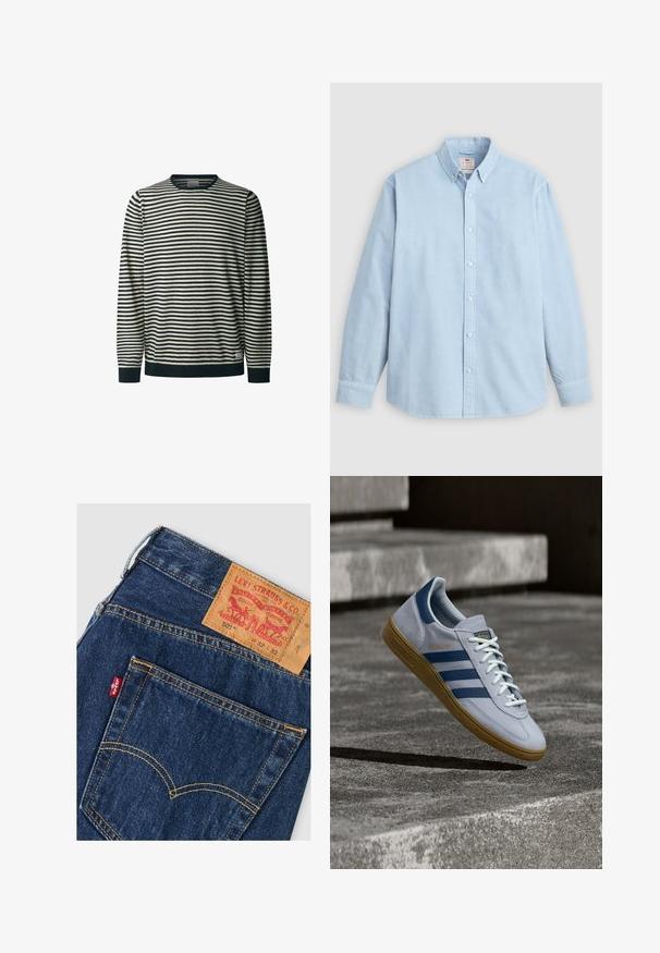 Suéter de manga larga a rayas en color crema y azul marino, con cuello redondo, que presenta líneas horizontales, puños y dobladillo acanalados, y una textura suave.; Camisa de manga larga azul claro con botones, cuello abotonado y un único bolsillo en el pecho, colocada sobre un fondo gris.; Vaqueros Levi's de mezclilla azul oscuro con bolsillo trasero visible, costuras amarillas, etiqueta roja de Levi's y etiqueta de cuero marrón de la marca con detalles de tallas.; Zapatilla Adidas Spezial azul claro con rayas azul marino y suela de goma, mostrada en el aire sobre escalones de hormigón en un entorno exterior neutral.