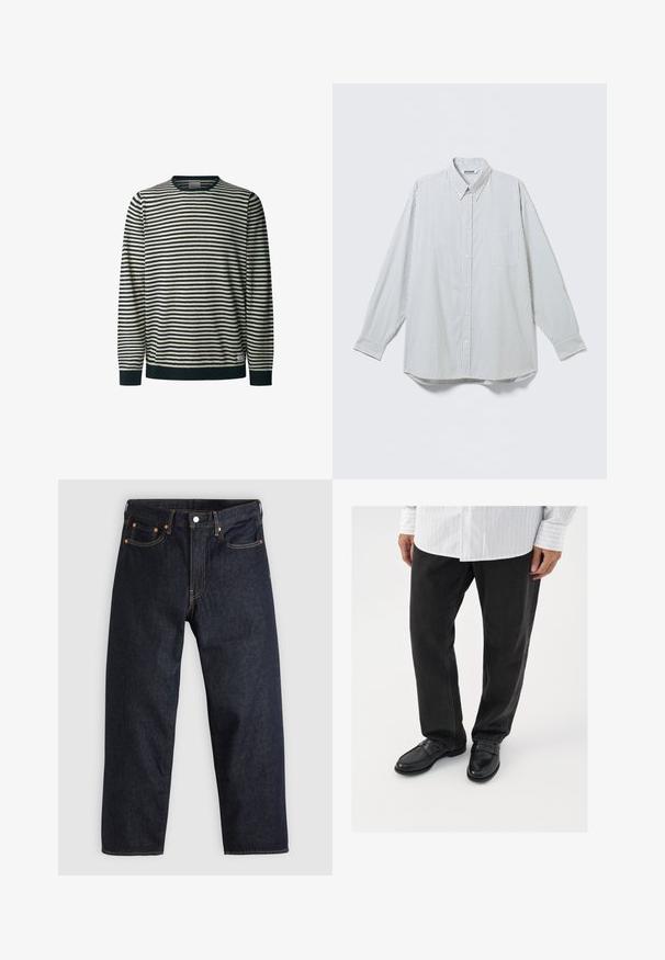 Suéter de manga larga a rayas en color crema y azul marino, con cuello redondo, que presenta líneas horizontales, puños y dobladillo acanalados, y una textura suave.; Camisa blanca de manga larga con botones, con finas rayas negras verticales y un bolsillo en el pecho, mostrada extendida sobre un fondo claro.; Jeans de denim azul oscuro con corte recto, cinco bolsillos, costuras en naranja contrastante y cierre de botón. Sin patrones ni adornos visibles.; Pantalones de mezclilla negros combinados con mocasines negros brillantes. La camisa es blanca con finas rayas verticales, de mangas largas y con cuello abotonado.