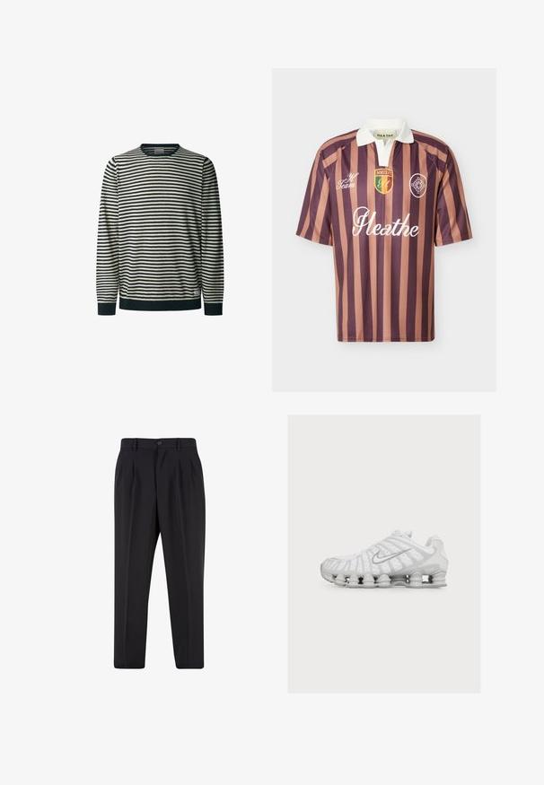 Gestreifter Langarm-Pullover in Creme und Marineblau, Rundhalsausschnitt, mit horizontalen Linien, gerippten Bündchen und Saum, weicher Textur.; Rugbyshirt mit kurzen Ärmeln, vertikalen braunen und hellbraunen Streifen, weißem Kragen und Logos, darunter "Heathe" und ein mehrfarbiges Wappen auf der Brust.; Schwarze, maßgeschneiderte Hose mit vorderen Bundfalten, Gürtelschlaufen und Knopfverschluss an der Taille.; Weißer Sportschuh mit einer einzigartigen federähnlichen Sohle und einem silbernen Nike Swoosh-Logo an der Seite, von der Außenseite gezeigt.