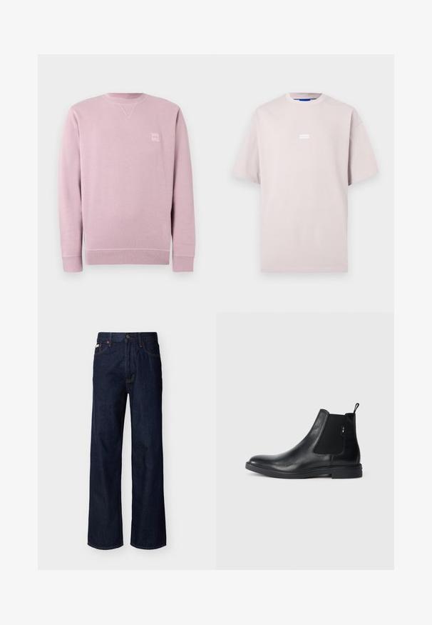 Lyserød sweatshirt lavet af blødt stof, med rund halsudskæring, lange ærmer og en lille firkantet logopatch på fronten.; Lys beige oversized T-shirt med korte ærmer og et lille centralt "HUGO" logo på brystet mod en ensfarvet baggrund.; Mørkeblå, straight-leg denimjeans med fem-lommes design og knaplukning, vist på en ensfarvet lys baggrund.; Sorte læder Chelsea støvler med elastiske sidepaneler, en pull-tab og en flad gummisål. Glat tekstur med minimal detaljer.