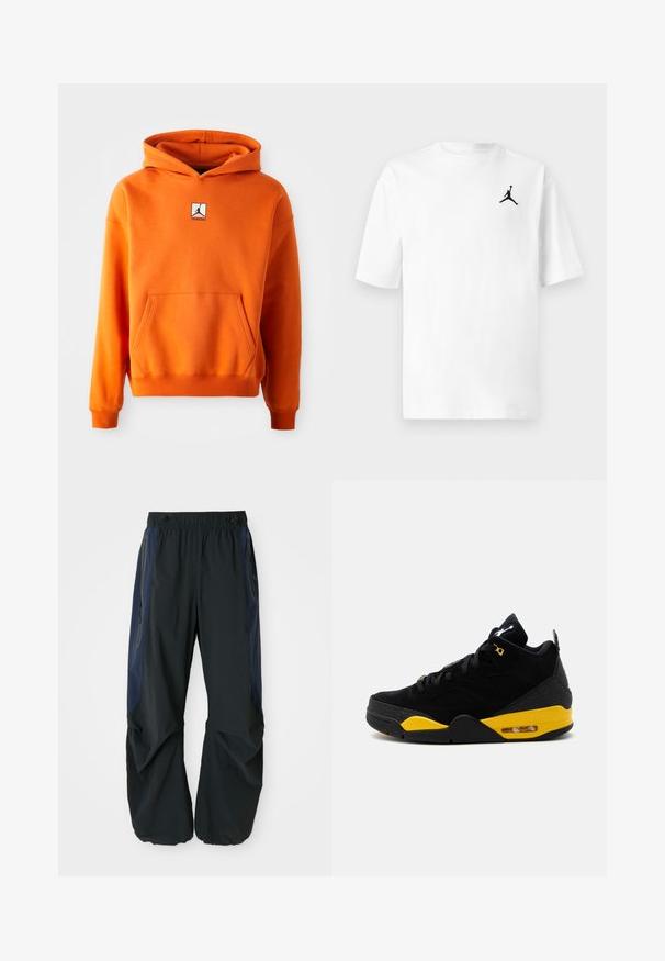 Oranje hoodie met een voorkzak, lange mouwen en een capuchon met trekkoorden. Bevat een zwart-wit logo op de borst. Zachte stoftextuur.; Wit katoenen T-shirt met een ronde hals en korte mouwen. Het heeft een klein zwart Jordan-logo op het linkerborstgebied.; Zwarte outdoor broeken met een ontspannen pasvorm, voorzien van een elastische tailleband, marineblauwe zijpanelen en ritszakken aan beide zijden.; Zwart-gele mid-top sportschoen met vetersluiting, luchtdempende zool en zichtbaar Jumpman-logo op de tong en hielriem.