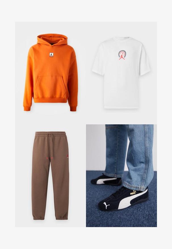 Orange hættetrøje med frontlomme, lange ærmer og snørelukning i hætten. Har et sort og hvidt logo på brystet. Blød stofstruktur.; Hvid bomulds-T-shirt med rund crew-hals, med en sort og pink grafisk logo af en springende silhouet og teksten "BROKEN RECORDS".; Brune joggingbukser med elastisk talje og manchetter, justerbar snor med røde ender og lille rødt logo på øverste venstre ben.; Sorte ruskinds sneakers med hvide detaljer og et guldlogo. Båret med lyseblå denimjeans og sat på en struktureret blå overflade.