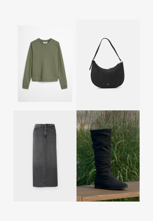 Sweatshirt vert olive en tissu doux avec un col rond et de longues manches raglan. Détail de logo subtil au centre devant.; Jupe midi en denim gris avec une coupe droite, design à cinq poches et passants de ceinture. Présente une fermeture à bouton sur le devant et des coutures minimalistes.; Botte noire montante jusqu'au genou en tissu doux, présentant un design décontracté, un bout pointu et une semelle plate, sur un fond herbeux.; Sac à main en cuir noir avec une forme courbée, surface texturée, coutures avant et un logo doré. Il est doté d'une seule sangle ajustable.
