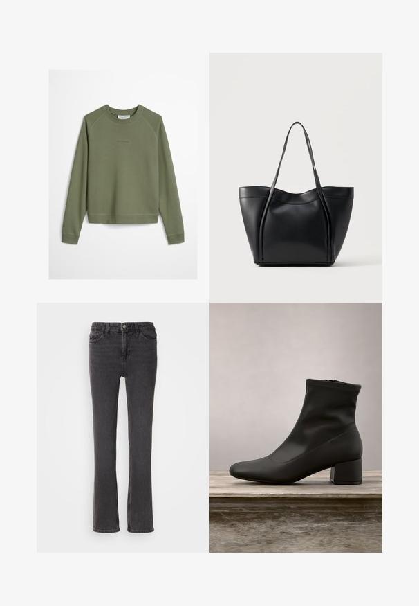 Sweatshirt vert olive en tissu doux avec un col rond et de longues manches raglan. Détail de logo subtil au centre devant.; Jeans en denim noir à coupe droite, avec des poches avant, une fermeture éclair et des détails de couture subtils. Le tissu a une légère texture.; Bottine noire à finition en cuir lisse et brillante, talon bloc incliné, et tige ajustée élastiquée pour une silhouette élégante.; Sac cabas en cuir noir avec deux longues anses et un bord supérieur légèrement incurvé, présenté sur un fond clair uni.
