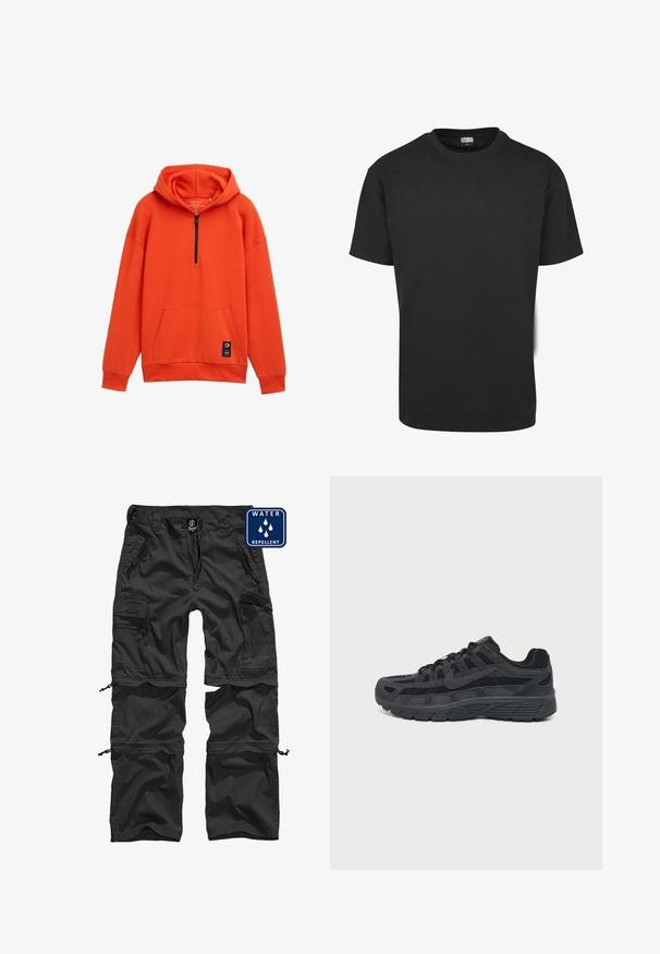 Oranje hoodie met een halve ritssluiting, kangoeroezak en geribbelde manchetten. Gemaakt van zachte stof, heeft een merklabel aan de zoom.; Zwart katoenen T-shirt met korte mouwen, ronde halslijn en een standaard pasvorm. De stof lijkt glad en ongekleed.; Zwarte waterafstotende cargo pants met ritszakken, verstelbare boorden en een duurzaam materiaal. Kenmerkt zich door een logo op de tailleband.; Zwarte sportieve sneaker met gelaagde panelen, vetersluiting, gestructureerde zool en subtiele branding aan de zijkant, in profiel weergegeven op een witte achtergrond.