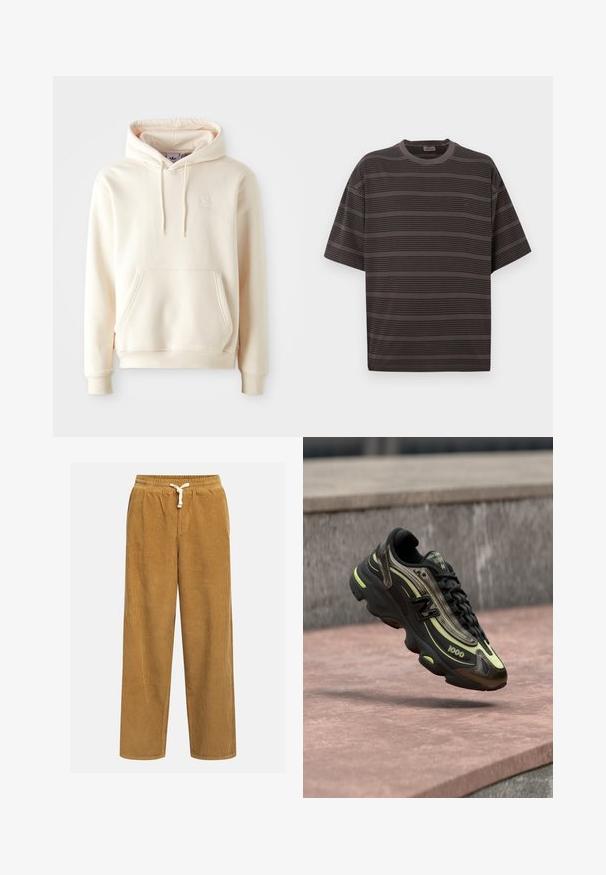 Cremefarbener Hoodie aus weichem Stoff, mit einer Fronttasche, Kapuze mit Kordelzug und einem kleinen weißen Logo auf der Brust.; Graues Kurzarm-T-Shirt mit horizontalen Streifen, Rundhalsausschnitt und lässiger Passform. Glatte Textur mit einem dezenten Markenlogo auf der Brust.; Cordhosen in einem warmen Braunton mit entspannter Passform, ausgestattet mit einem elastischen Bund und einer kontrastierenden Kordel. Strukturierte vertikale Streifen.; Schwarz-gelber New Balance 1000 Sneaker, der über einer rosa Steinoberfläche schwebt, mit einer grauen Steinmauer im Hintergrund.